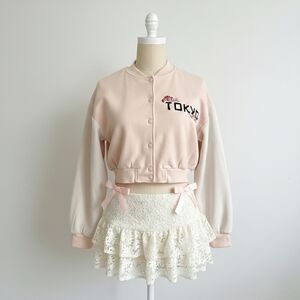 Urban Planet Tokyo Print Pink and White Women's Varsity Jacket Cropped